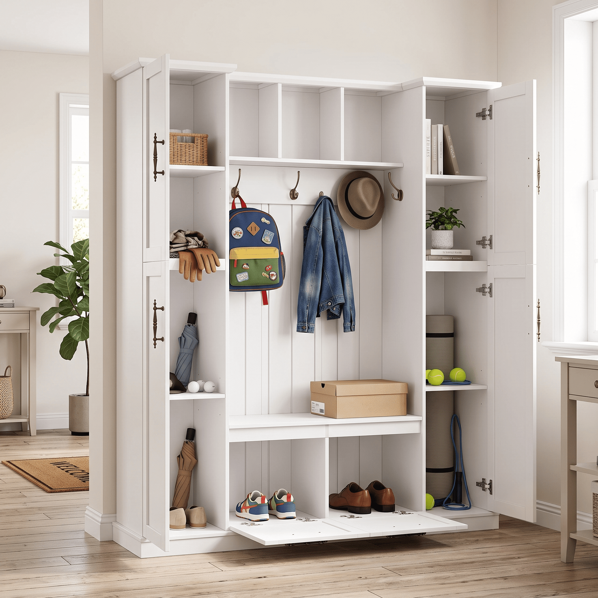 Homy Casa 60" Farmhouse Hall Tree with Built-in Bench, Coat Rack, 5 Hooks & Cabinets, White