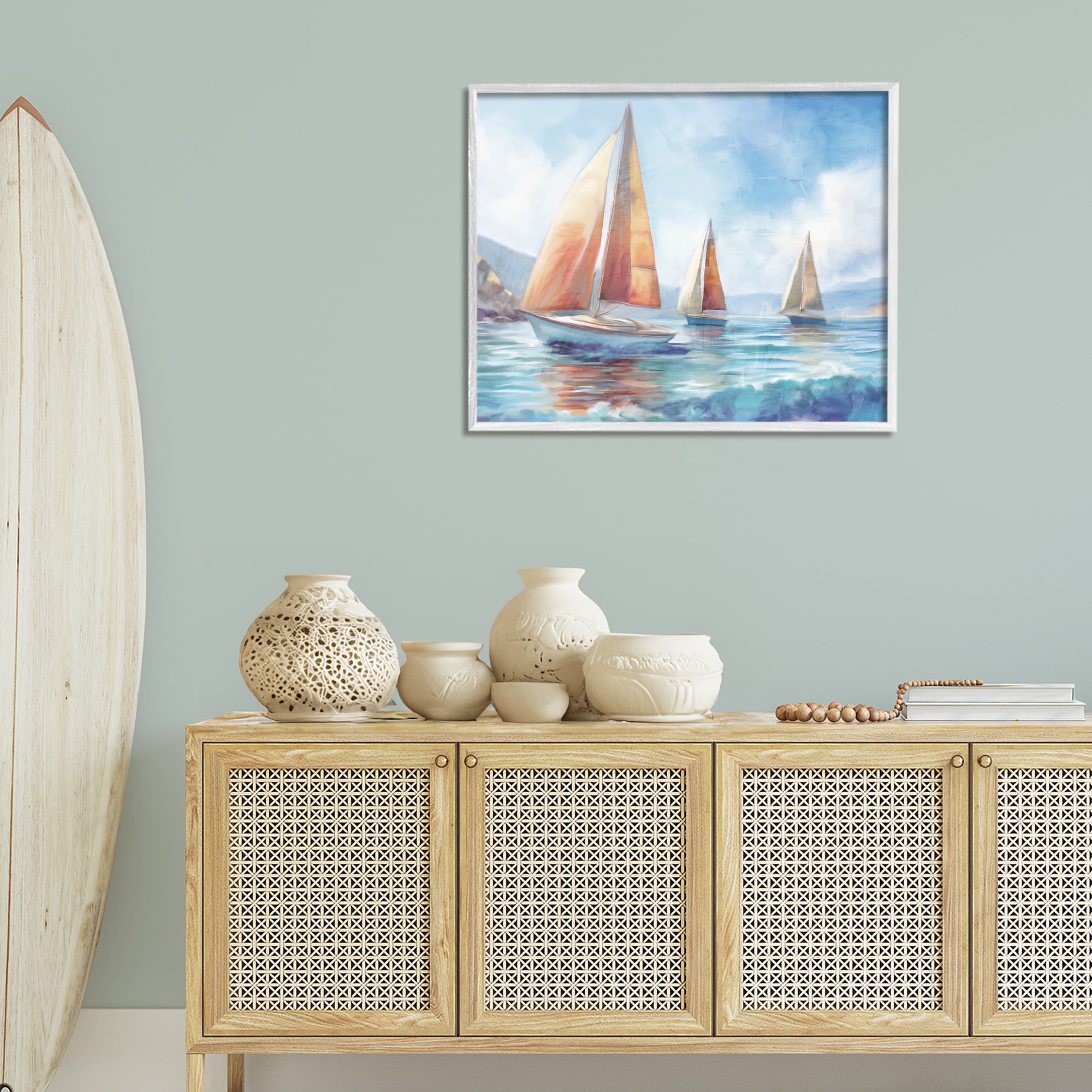 Stupell Industries Three Boats Drifting Coastal Painting White Framed Art Print Wall Art, 30 x 24