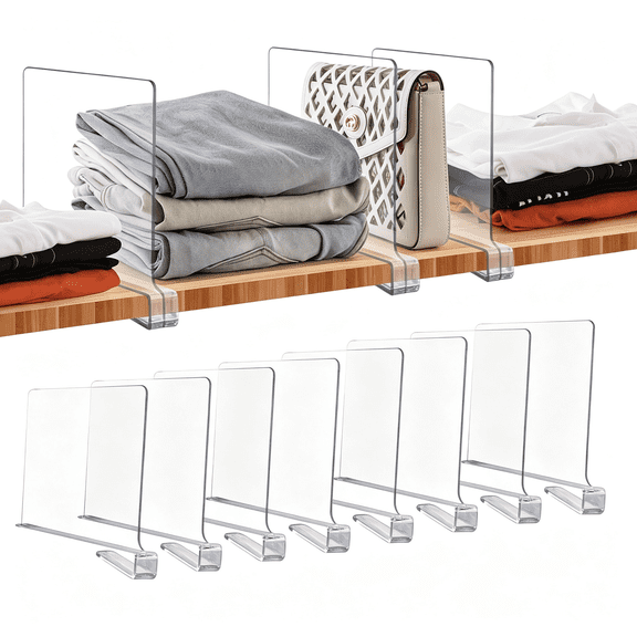 XIBUFE 8 Pack Acrylic Clear Shelf Dividers for Closets Organizer and Storage Adjustable Vertical Wood Shelf Closet Separators for Clothes,Book,Bags in Bedroom and Kitchen