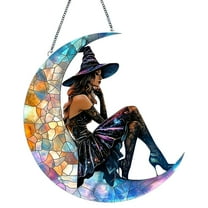 Halloween Charming Moonlight Witch Acrylic Stained Glass Pendant, Witch Pendant Acrylic Wall Hanging Home Decoration, Pendant with Chain, Hanging Sign Decoration