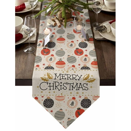

Table Runner Dresser Scarves Merry Christmas Ball Snowflake Cotton Linen Burlap Table Cover Seamless Bauble on Linen Table Runners for Family Kitchen Dining Holiday Party Banquet Decor