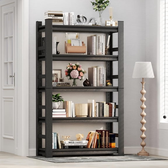 5 Tier Book Shelf Tall Bookcase Metal Adjustable Book Shelves Standing Shelf Units Open Shelf Bookcase with Fences Living Room Bookshelf (32" W*15.7" D*63" H)
