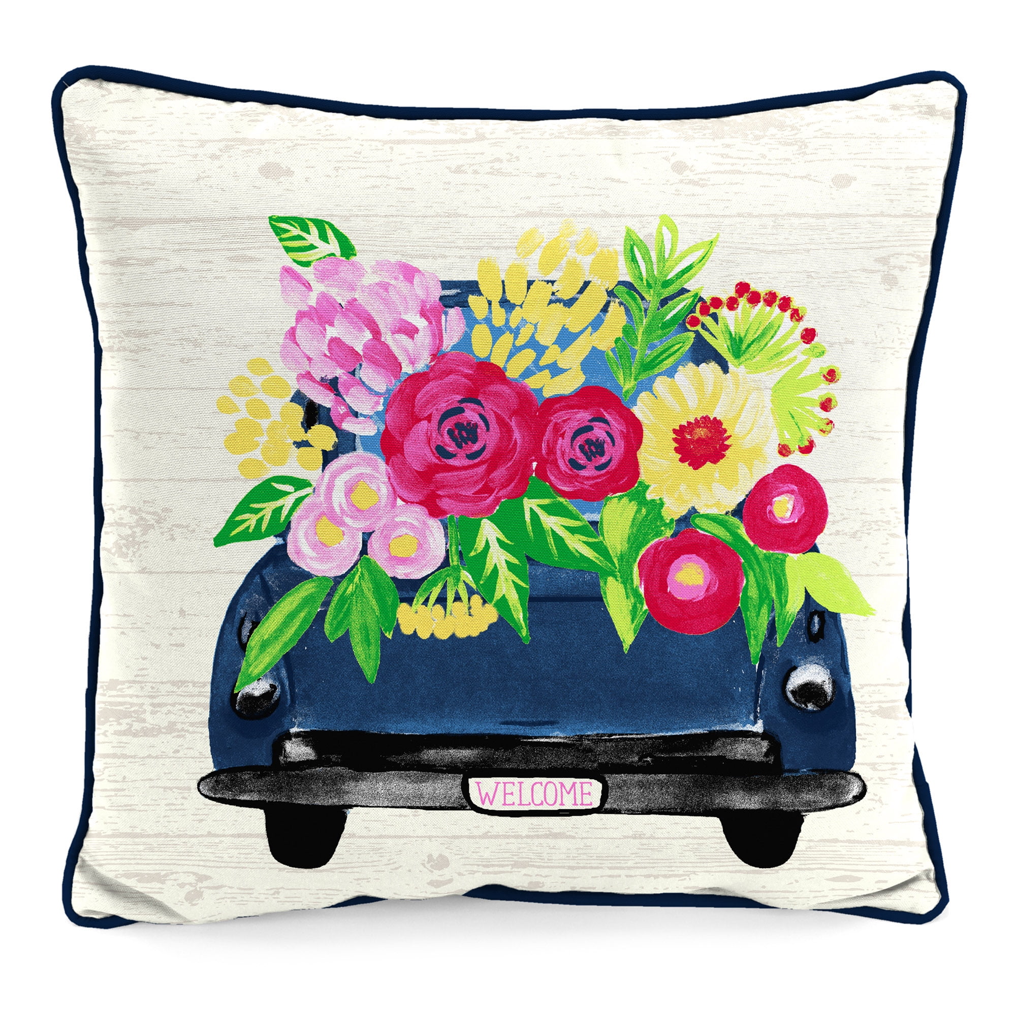 Mainstays Flower Truck and Planks Reversible Outdoor Throw Pillow, 16", Cream and Multicolor Novelty