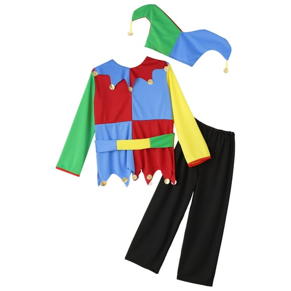 iiniim Kids Clown Halloween Costume Boys Girls 3Pcs Circus Cute Funny Outfits with Joker Hat Cosplay Party Dress Up Colorful 11-14Y