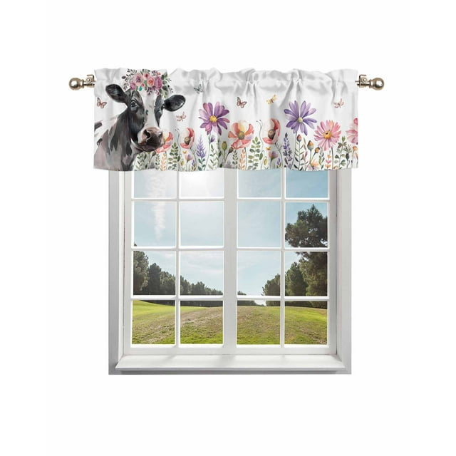 Cow Flower Curtain Valance for Windows/Living Room/Kitchen/Bathroom/Café, Short Rod Pocket Tier Curtain Window Treatment Panel Farmhouse Cattle Botanical Butterfly Floral Topper Curtain 54''x18''