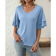 thumbnail image 2 of Womens V-Neck Tops Dressy Double Layer Bell Sleeve 3/4 Length Ruffle Sleeve T Shirts  Blue XXL, 2 of 6