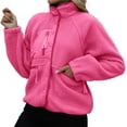 thumbnail image 2 of Womens Fleece Jacket Fuzzy Long Sleeve Short Winter Coats Button Down Jacket Outerwear with Pockets Rose Red L, 2 of 6