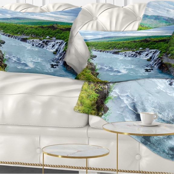 Designart Hraunfossar Waterfall Iceland - Modern Landscape Printed Throw Pillow - 12x20