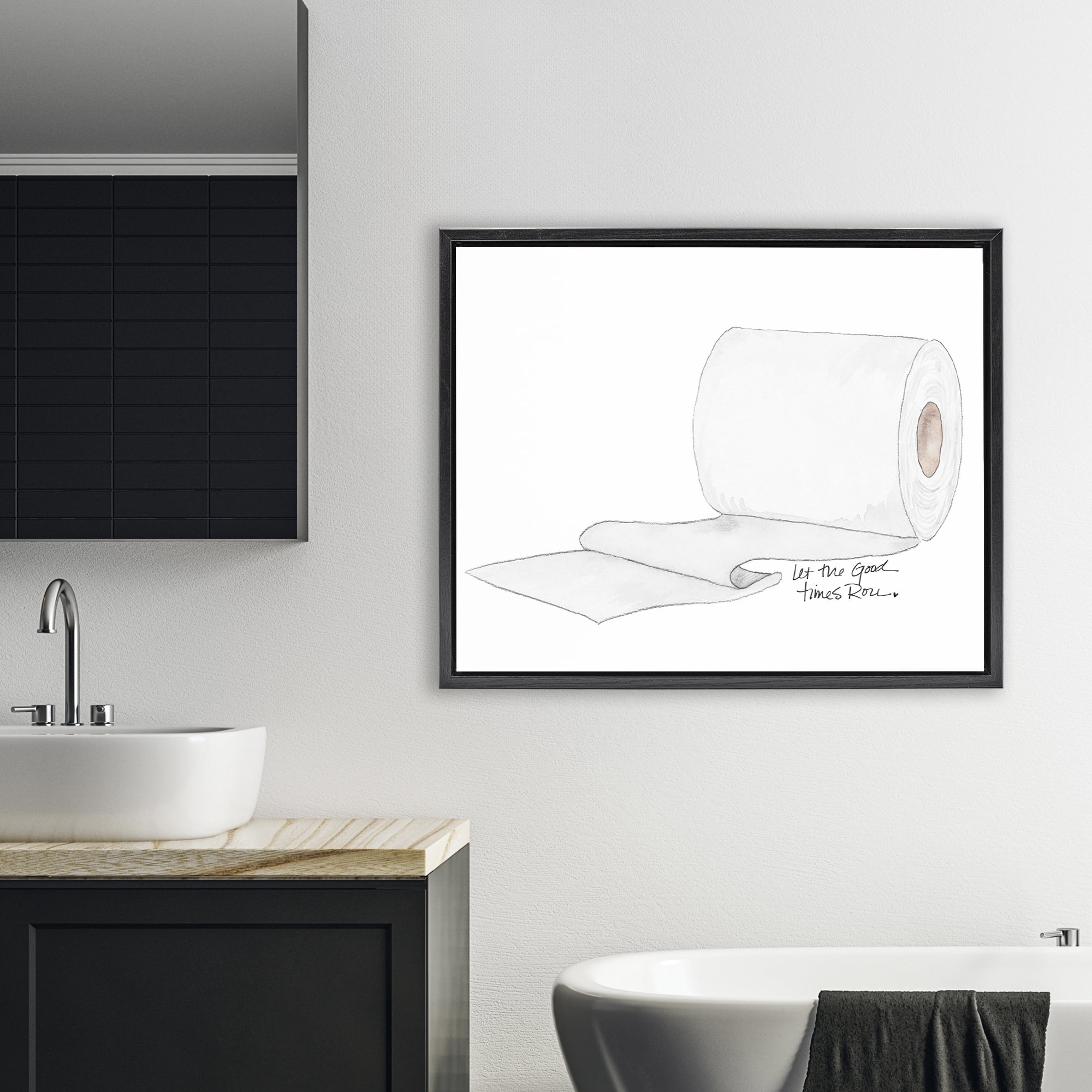 Stupell Industries Good Times Roll Toilet Paper Black Framed Floater Canvas Wall Art, design by Nola James