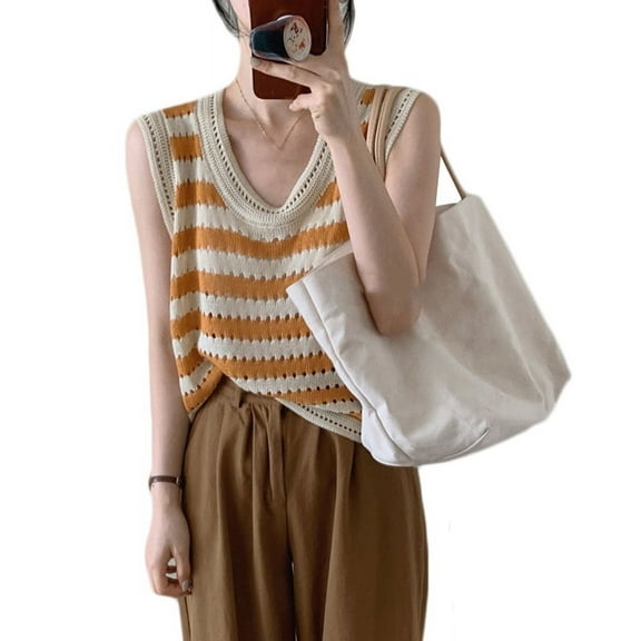 Yokua Women Summer Hollow Out Knit Sweater Vest Waistcoat Sleeveless Scoop Neck Crochet Striped Casual Loose Jumper for Tank T
