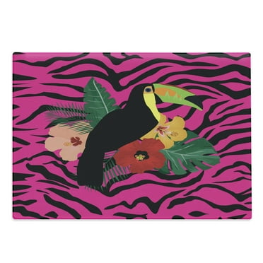 Pink Zebra Cutting Board, Toucan Bird Sitting on Hibiscus Plants Flowers Large Leaves on Zebra Background, Decorative Tempered Glass Cutting and Serving Board, Large Size, Multicolor, by Ambesonne