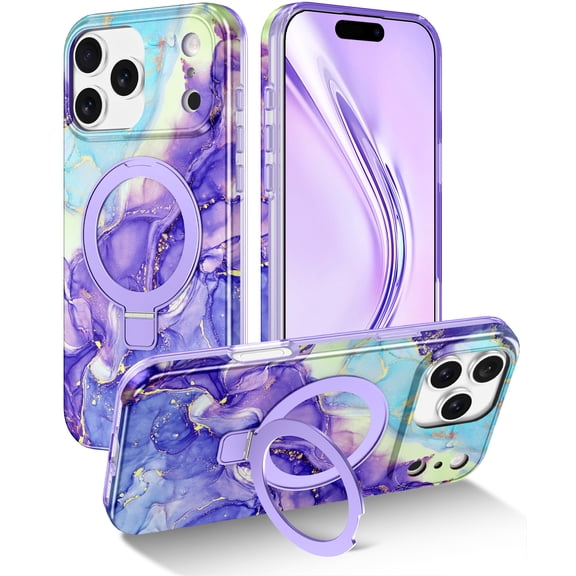 CASEFIV for iPhone 17 Pro Max Case with Magnetic Invisible Ring Stand [Compatible with Mag-Safe],Full Body Rugged Slim Shockproof Marble Pattern Design Casefor Women Men Girls,Violet