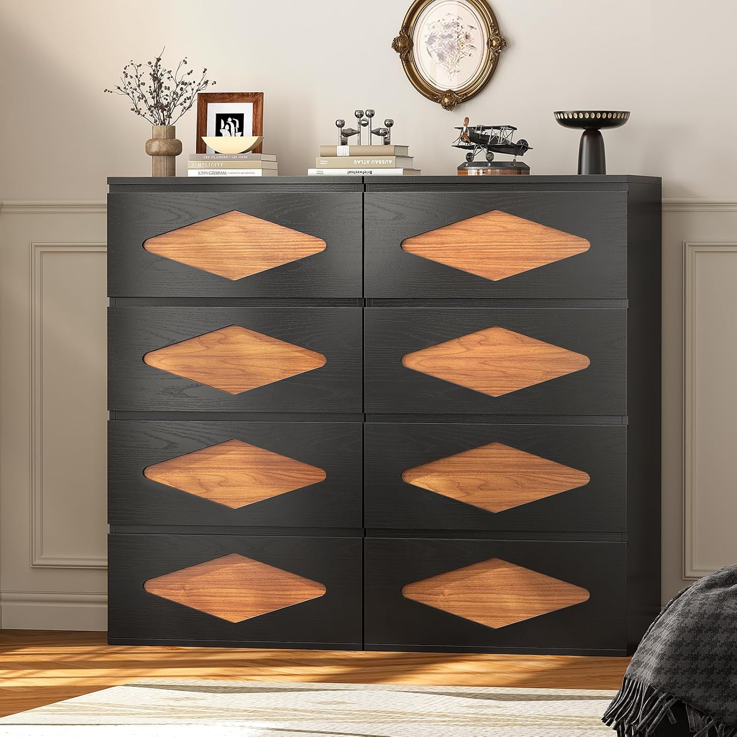 48.3'' Tall Dresser for Bedroom, 4 Chest of Wooden Deep Drawers, Vintage Dresser, Closet Storage Dressers Organizer for Bedroom, Living Room, Hallway (Black+Brown)