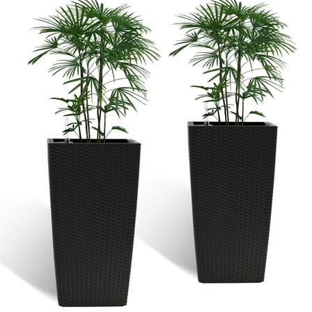 YIYADO 22" Square Planters Tall, Self-Watering Faux Rattan Flower Pots for Indoor & Outdoor Use, Black