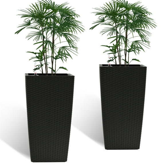 YIYADO 22" Square Planters Tall, Self-Watering Faux Rattan Flower Pots for Indoor & Outdoor Use, Black