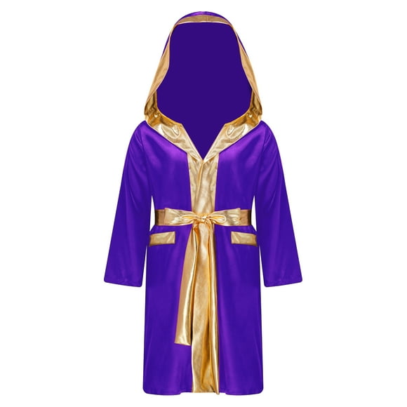 Xnihocha Kids Boys Boxing Robes Costume Satin Hooded Boxing Robes with Belt Halloween Boxer Cosplay Dress Up Purple 8