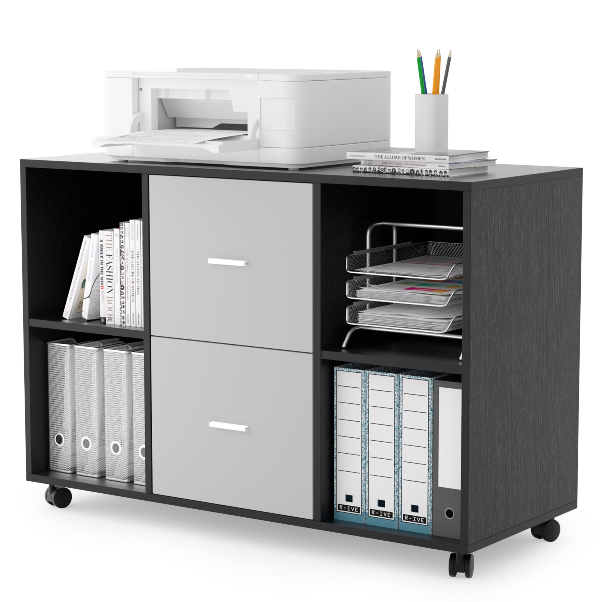 Resenkos File Cabinet 2 Drawers Wooden Lateral Filling Cabinet with Lock Mobile for Home Office Printer Stand with 4 Open Storage Shelves,Black Oak Light Gray Resenkos File Cabinet 2 Drawers Wooden Lateral Filling Cabinet with Lock Mobile for Home Office Printer Stand with 4 Open Storage Shelves,Black Oak Light Gray