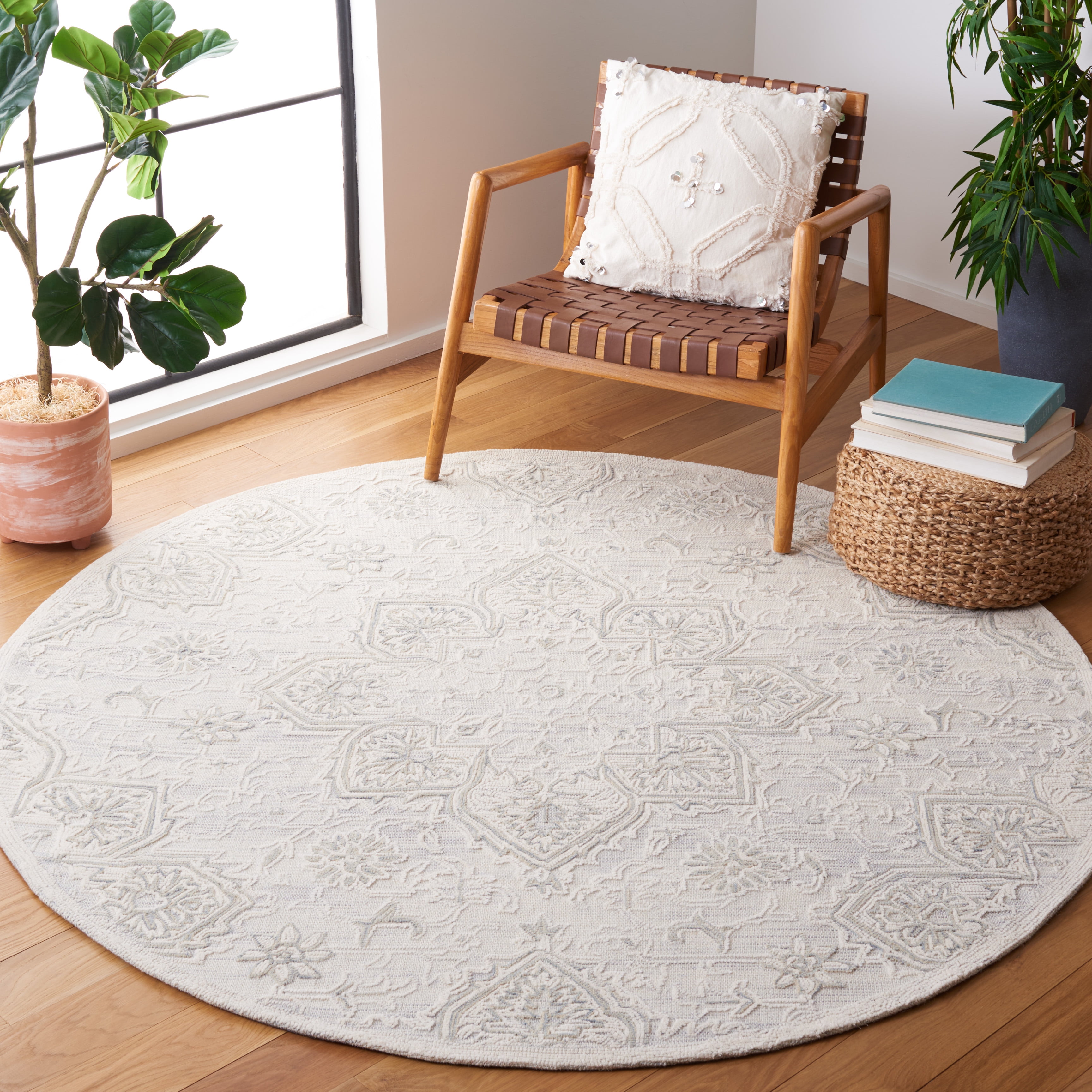 SAFAVIEH Trace Mia Medallion Area Rug, Grey/Ivory, 6' x 6' Round