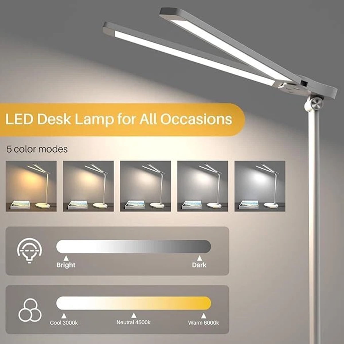 Eurhowing Dual-Head LED Desk Lamp, 10W USB Charging Lamp, 5-Level & Timer Eye-Caring Desk Light for Gaming, Office, Study