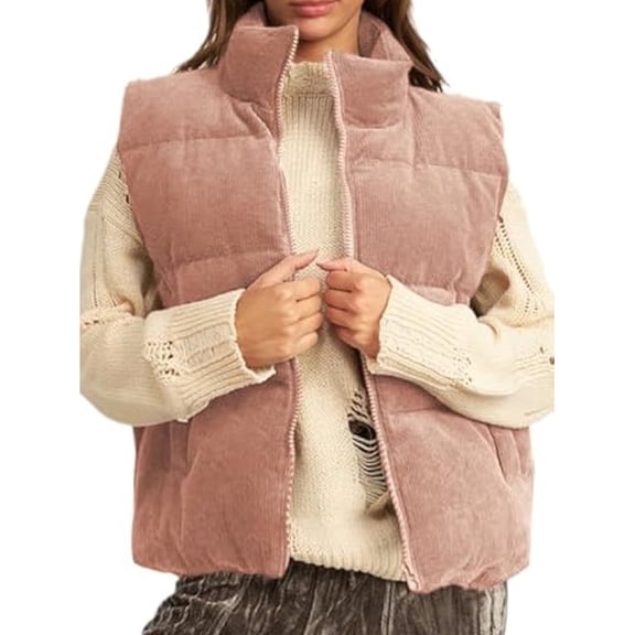 Womens Corduroy Quilted Puffer Vest Jackets Stand Collar Zippers Up Sleeveless Padded Gilet Coat Outerwear with Pockets