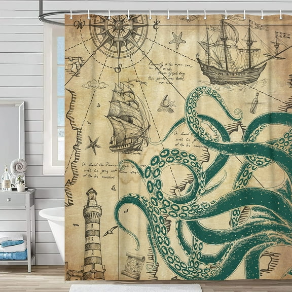 VEIGIKE Funny Nautical Octopus Shower Curtain, Cool Coastal Ocean Beach Fabric Shower Curtains Set for Mens Boys Kids Bathroom Decorative, Fun Green Vintage Restroom Decor Accessories 60X 72 Inch