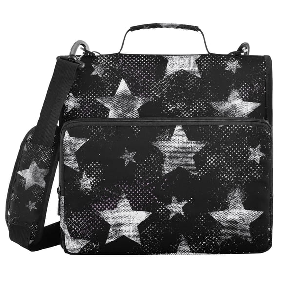 Black Background Silver Graffiti Stars Zipper Binder Bag with Shoulder Strap 3 Ring 500 Sheets Trapper Keeper File Folder Document Storage