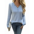 thumbnail image 3 of Women'S V-Neck Long Sleeve Striped Knit Button Shirt Autumn Casual Loose Elegant Tunic Top Blue XL, 3 of 10