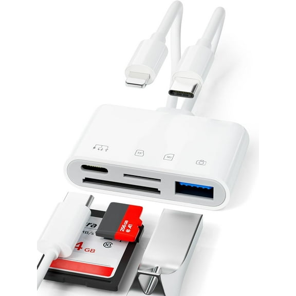 4-in-2 iPhone Memory Card Reader, USB OTG Adapter & SD/TF Card Camera Viewer for iPhone/iPad/PC/Android/Camera/USB C & A Devices, Supports SD/Micro SD/SDHC/SDXC/MMC Plug and Play