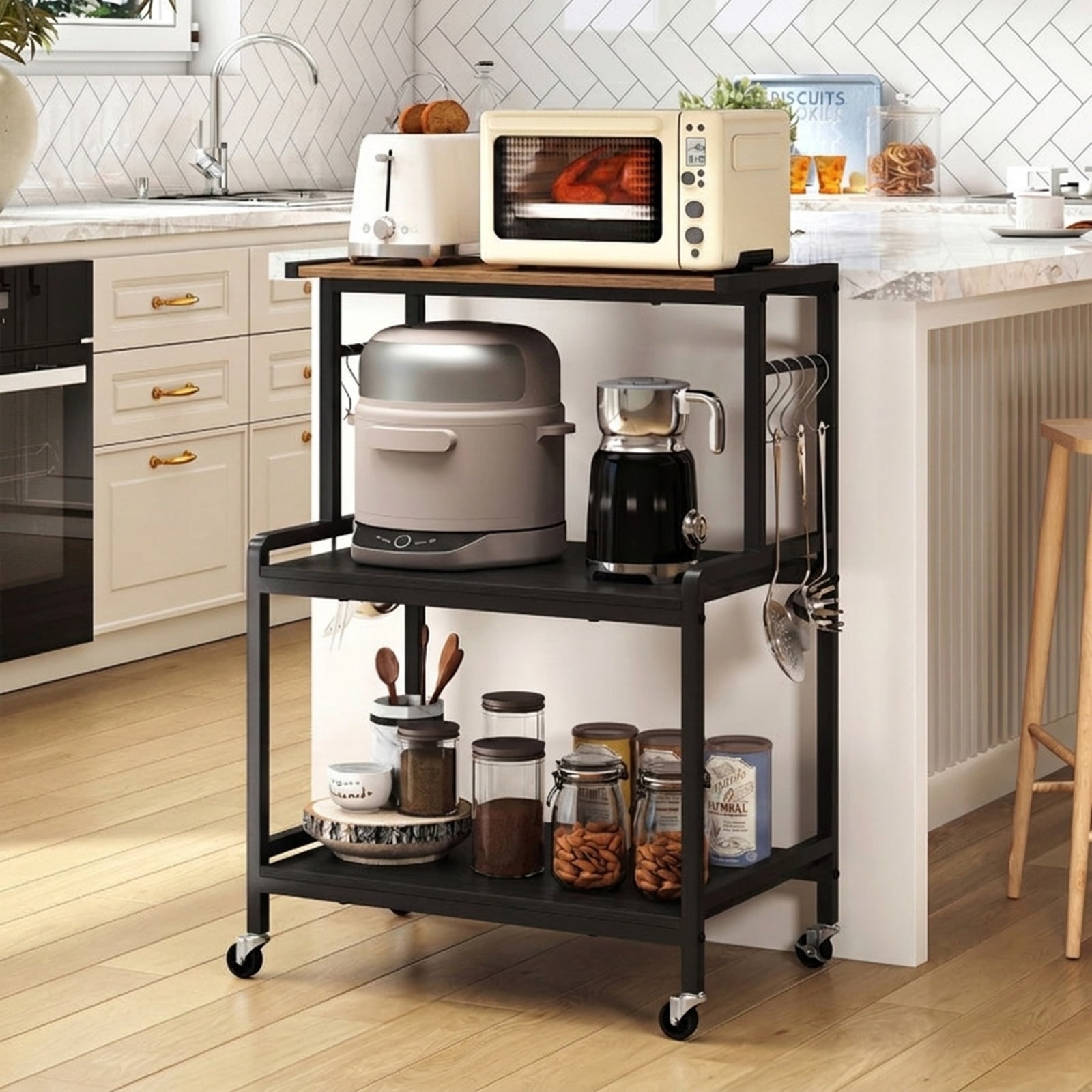 Furnibear Black 3-Tier Rolling Microwave Cart with Power Outlet Lockable Wheels and 10 Hooks