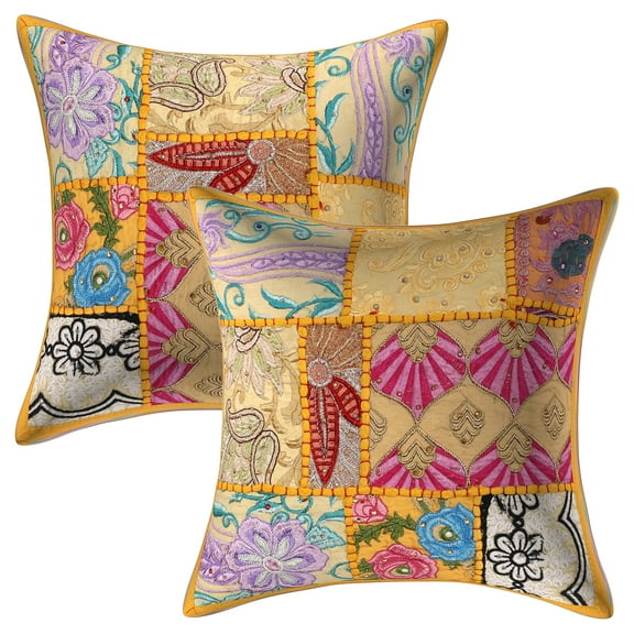 Stylo Culture Ethnic Cotton Home Decor Throw Pillow Covers Mango Yellow 12 x 12 Bohemian Vintage Patchwork Ethnic Sofa Cushion Covers 30x30 cm Living Room Abstract Square Pillow Cases | Set Of 2