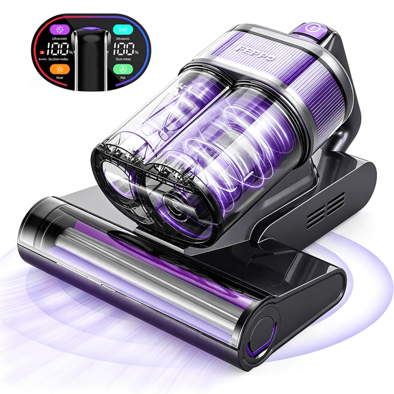 FEPPO Mattress Vacuum Cleaner, 16KPa Bed Vacuum Handheld with UV-C Light, 40,000 BPM High-Frequency Tapping, 140°F Hot Air, HEPA Filter for Mattress Sofa Crib (Black)
