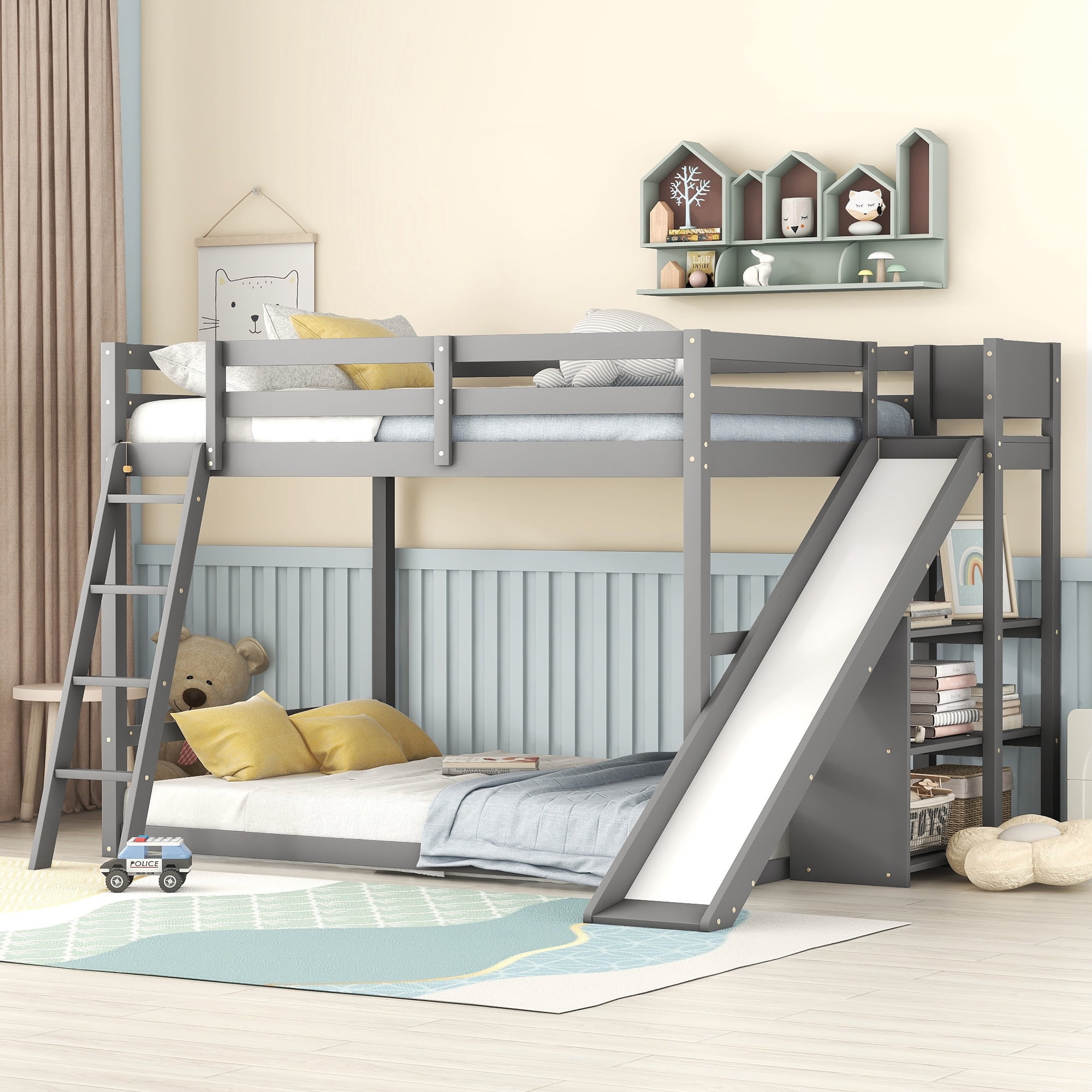 Euroco Wood Full over Full Bunk Bed with Slide and Ladder, 3-Tier Shelf for Kids Teens Bedroom, Gray