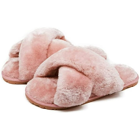Image of Women s Fuzzy Crossband Fluffy Furry Fur Slippers Flip Flop Winter Warm Cozy House Memory Foam Sandals Slides Soft Flat Comfy Anti-Slip Spa Indoor Outdoor Slip on (06/Pink 10-10.5)
