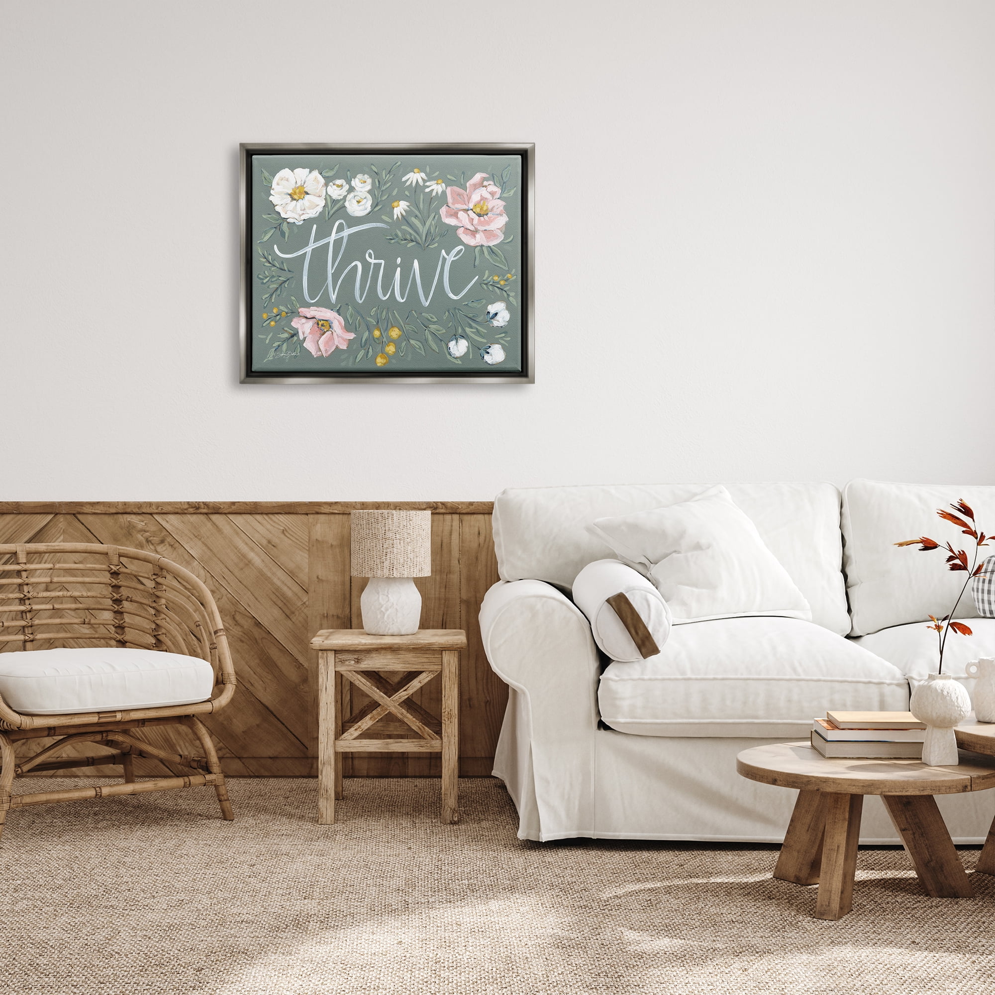 Stupell Industries Thrive Floral Border Botanical & Floral Painting Gray Floater Framed Art Print Wall Art, 31 x 25