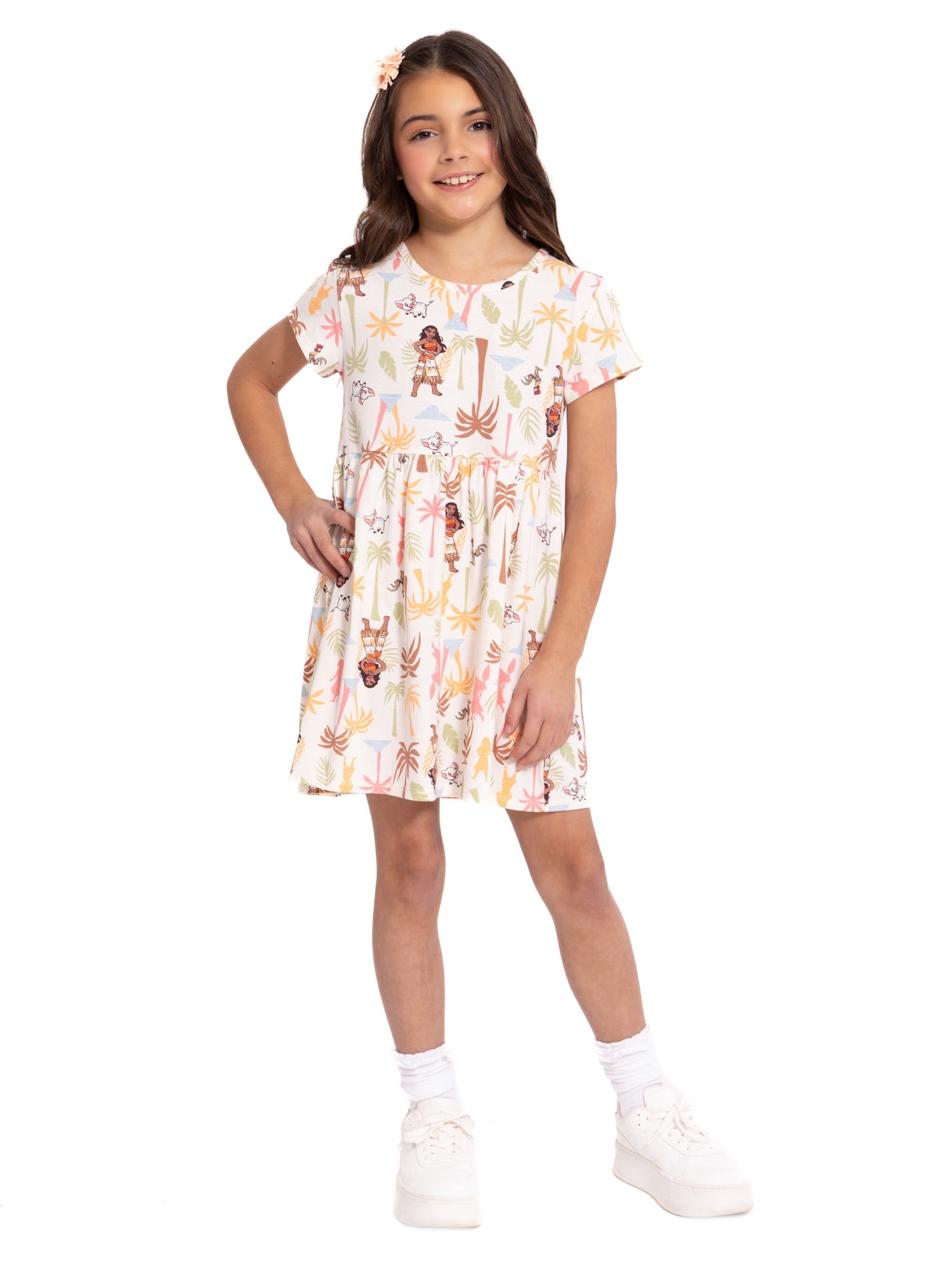 Moana Girls Allover Print Dress with Short Sleeves, Sizes 4-12