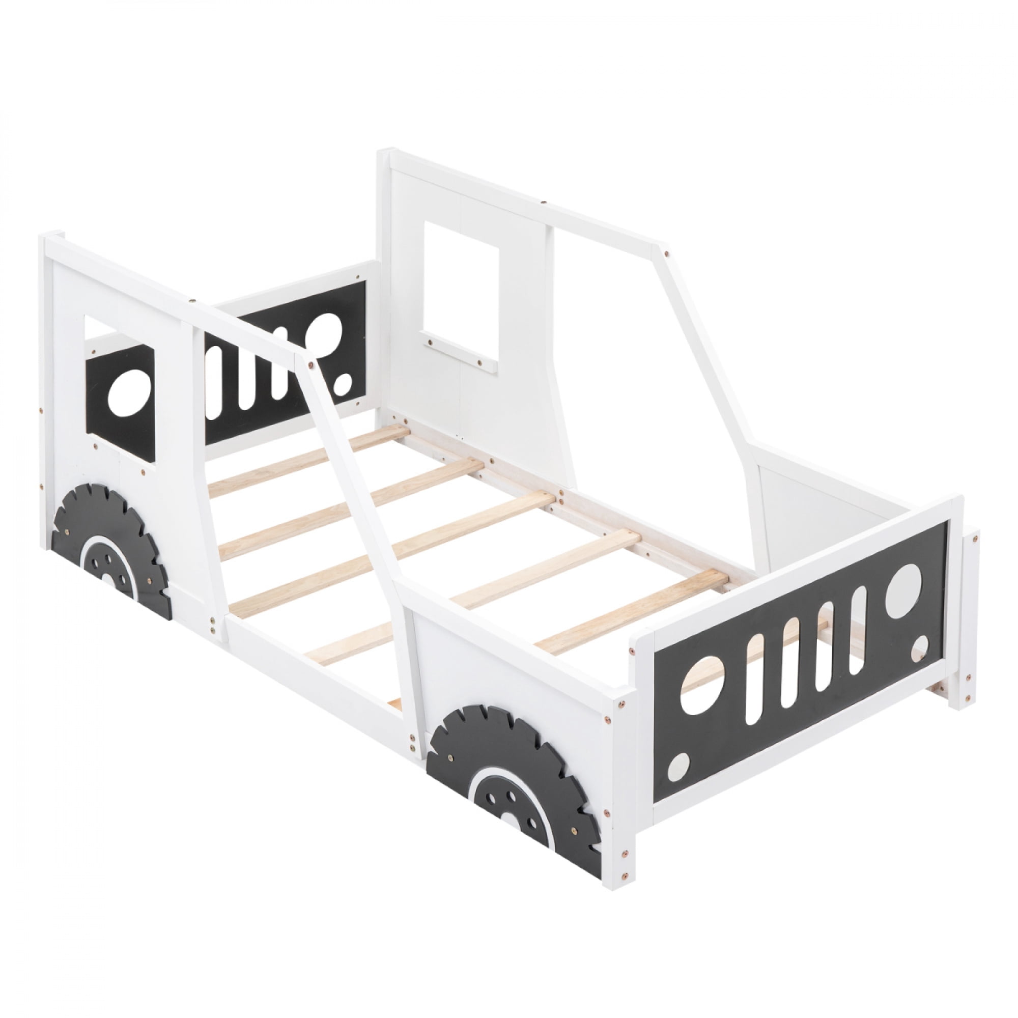 Twin Size Classic Car-Shaped Platform Bed with Wheels for Kids, Wooden Bed Frame for Bedroom, No Box Spring Needed,White