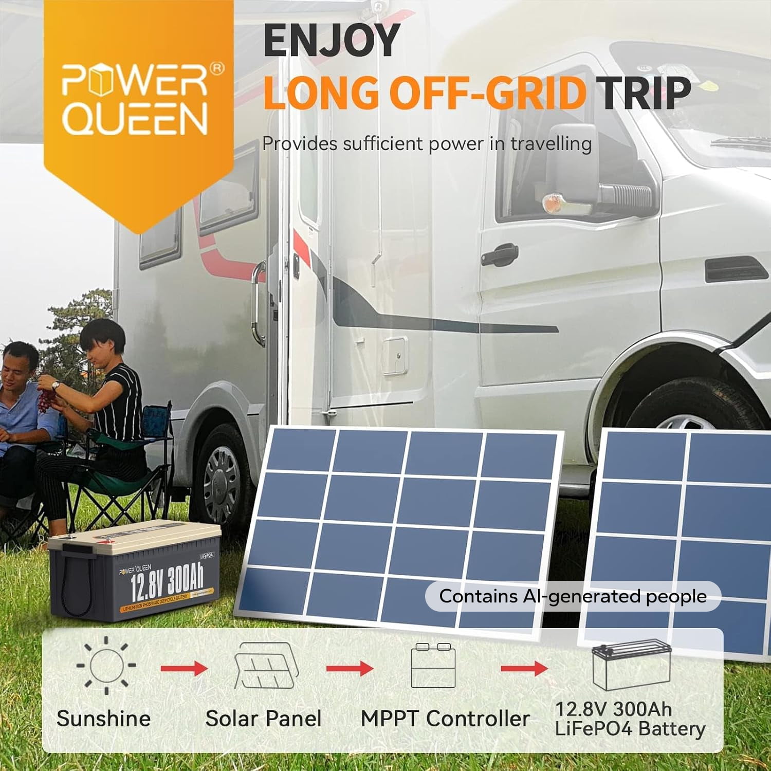 Power Queen 12V 300Ah Deep Cycle LiFePO4 Lithium Battery 3840Wh 200A BMS for Solar RV Marine Off Grid Cabin