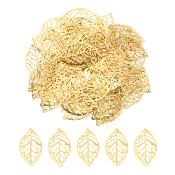 Uxcell 100Pcs Gold Hollow Leaf Ornaments Pendant, Metal Leaves Crafts for DIY Necklace