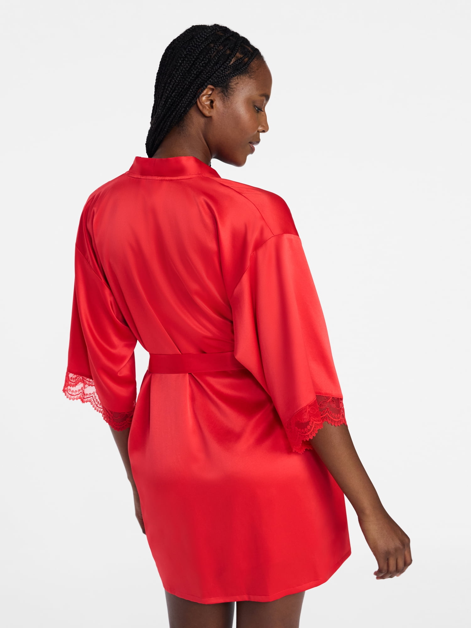 Joyspun Women’s Lace Trim Satin Valentine's Day Robe, Sizes S-3X