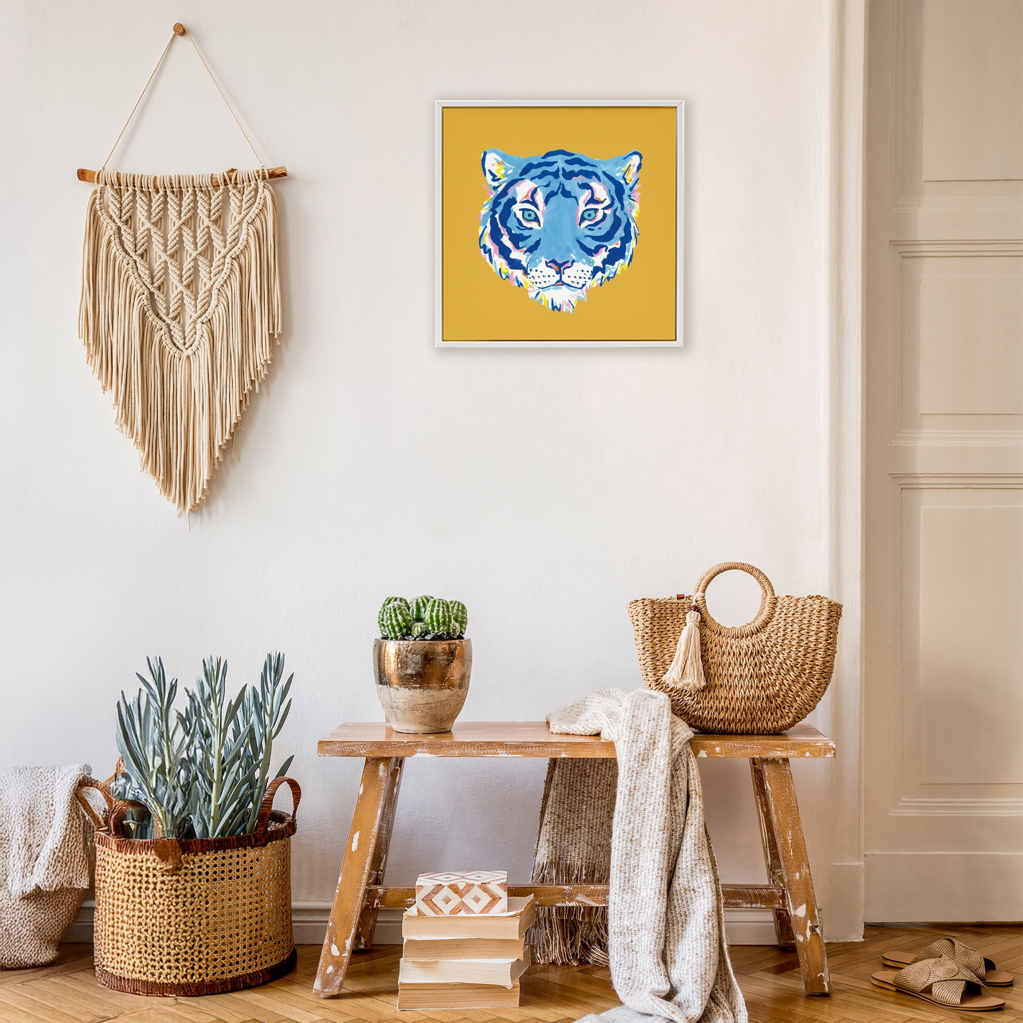 Stupell Industries Blue Tiger over Yellow White Framed Giclee Art, design by Karolina Sato