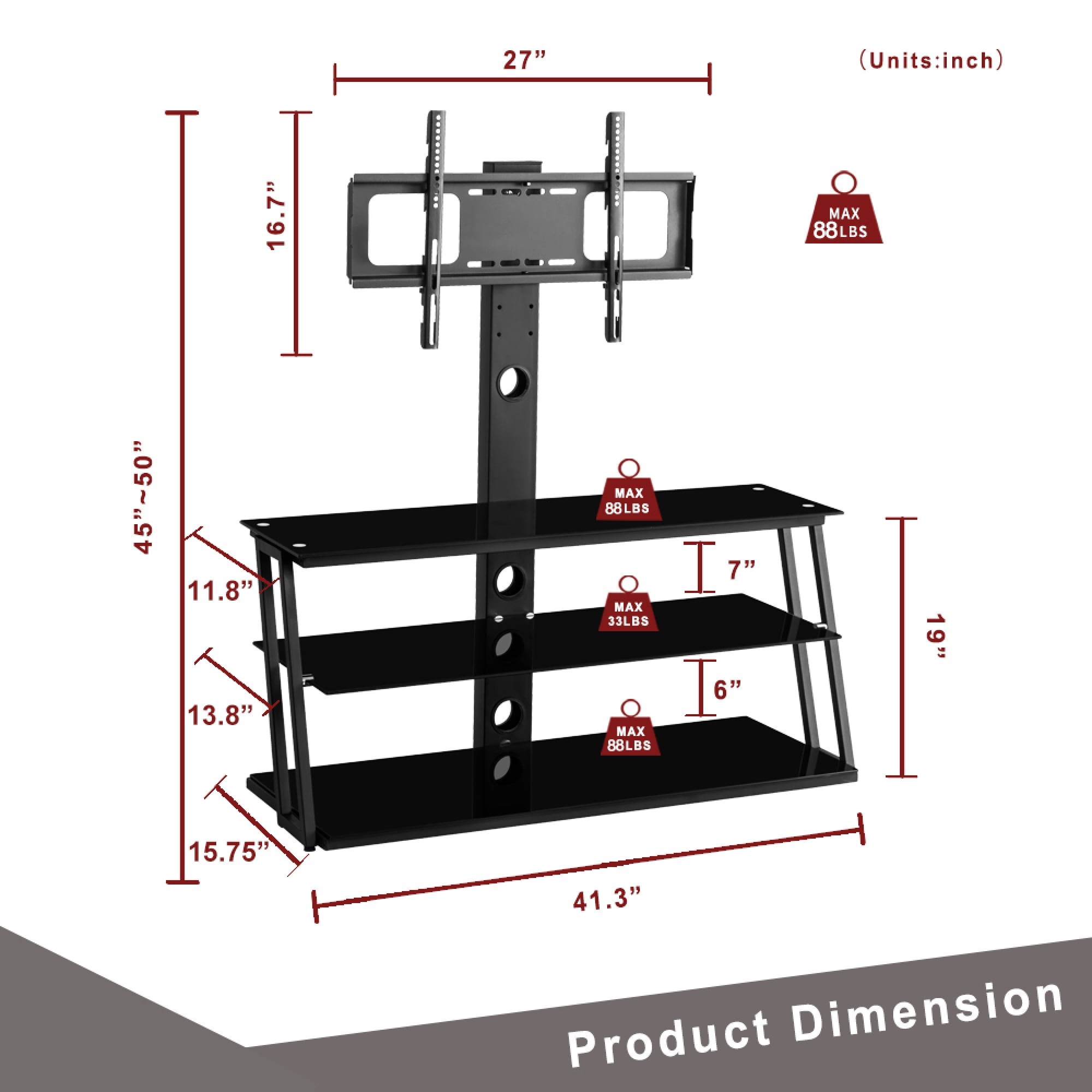TV Stand for 32-65 Inch TVs with Cable Management,Multi-Function Height & Angle Adjustable Tempered Glass TV Floor Stand,Black