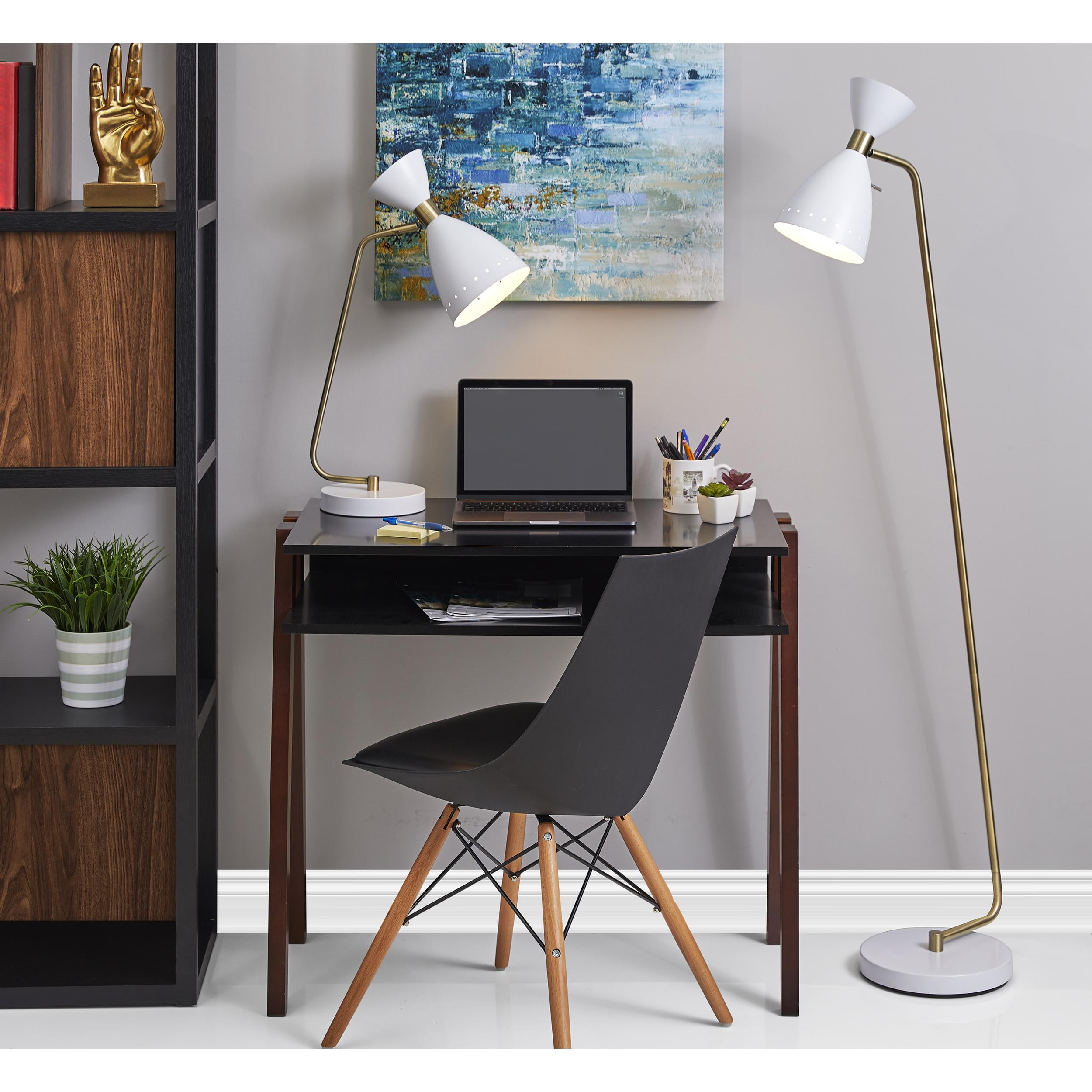 Adesso Oscar Floor Lamp, White with Antique Brass