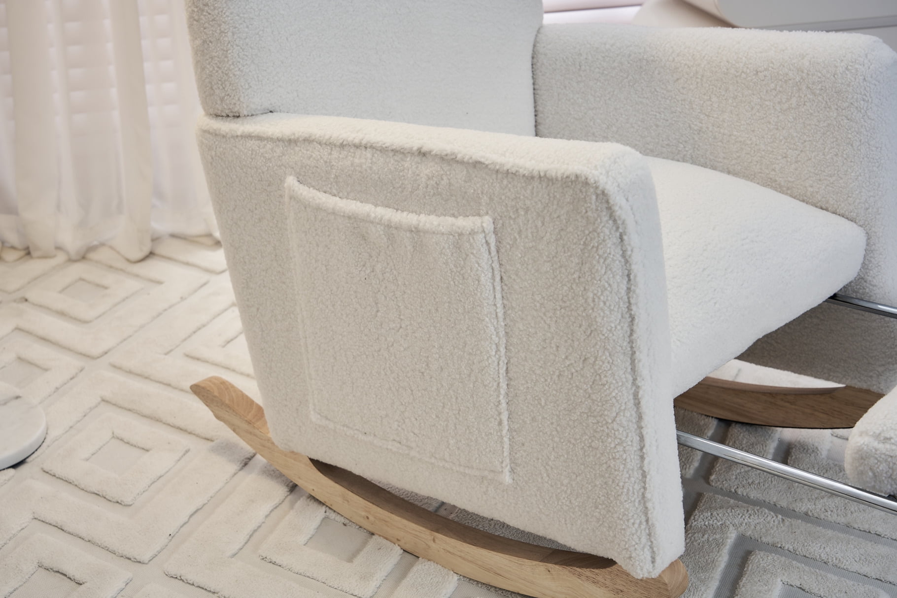 Rocking Chair Nursery Glider Chair with Adjustable FootRest, Nursery Rocking Chairs with Wood Legs Side Pocket, Teddy High Back Nursing Chair, for Living Room, Bedroom, Cozy Reading, Ivory