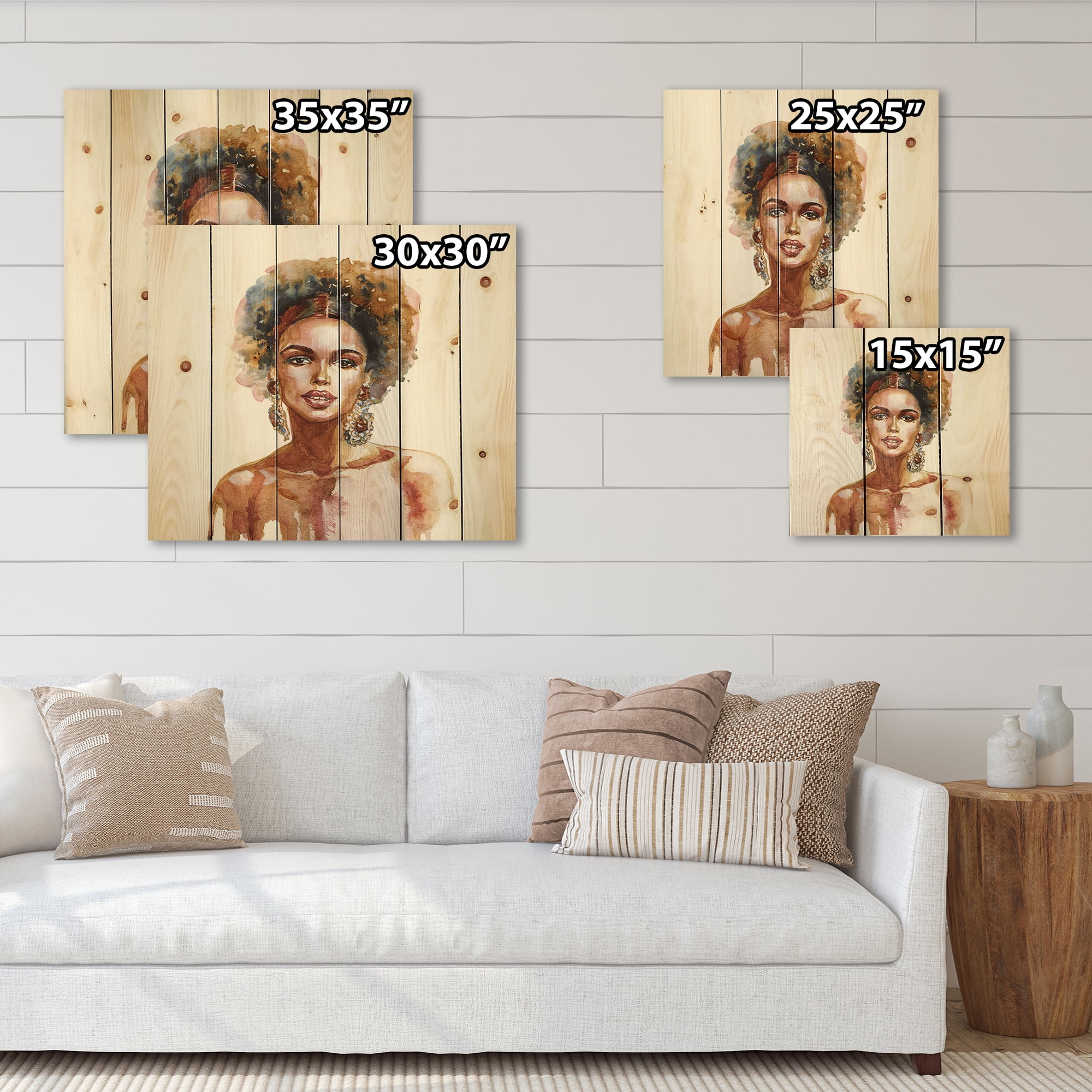 Designart 'Portrait of Afro American Woman V' Modern Print on Natural Pine Wood