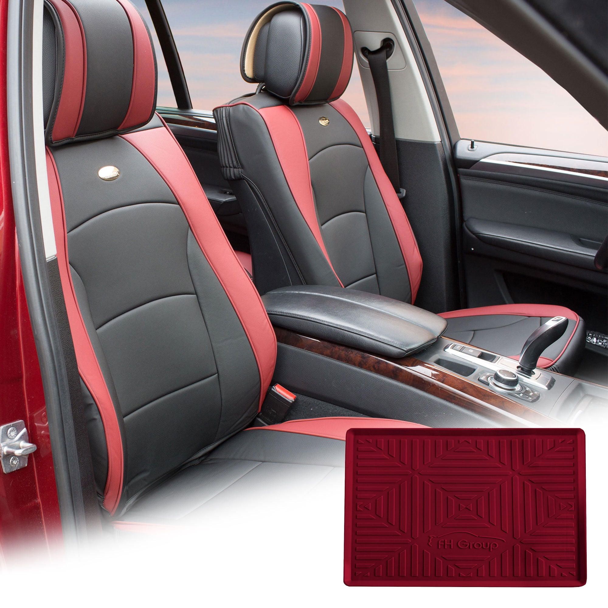 Burgundy Black Leatherette Front Bucket Seat Cushion Covers for Auto
