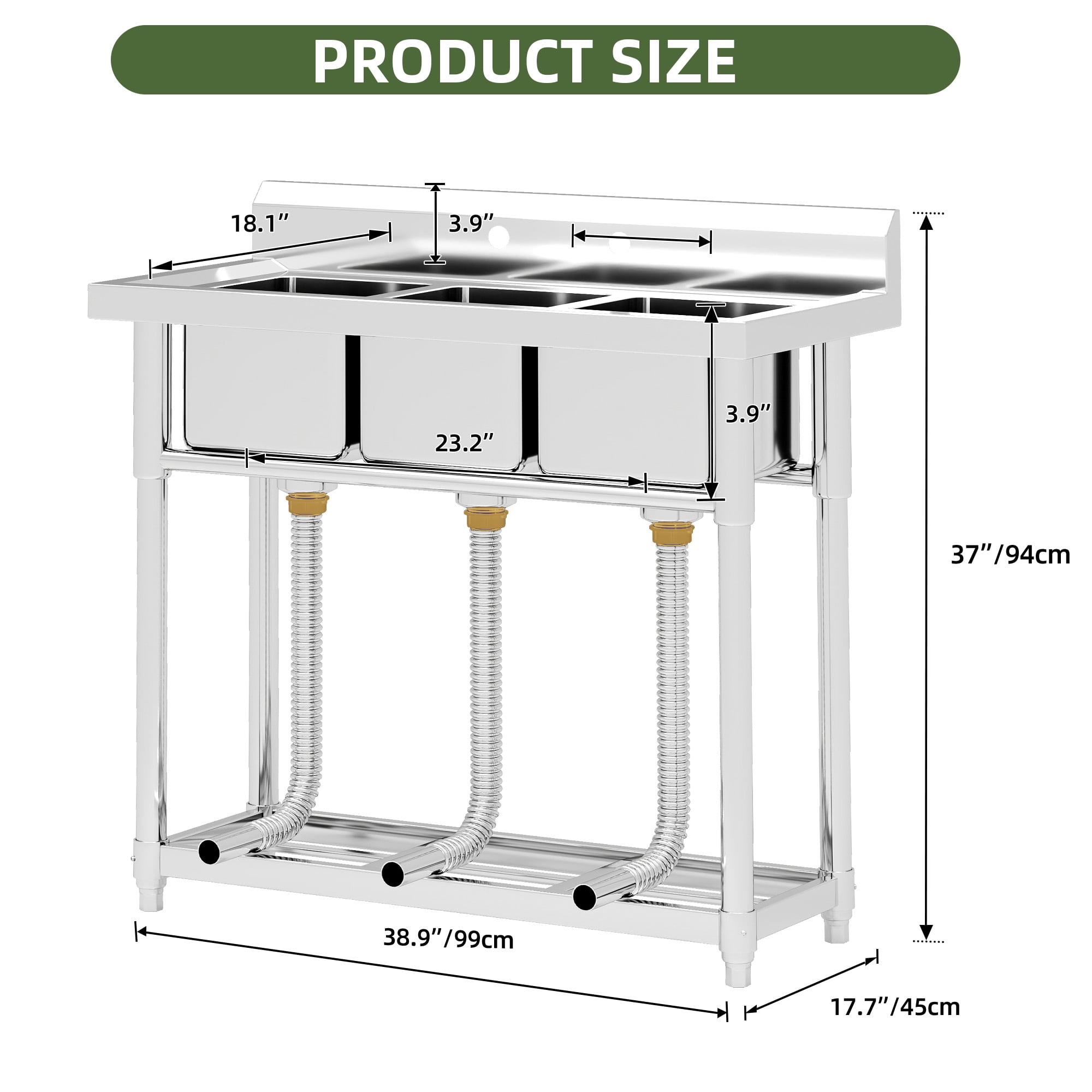 Uforic Stainless Steel Utility Sink, 3 Compartment Commercial Sink for Restaurant, Laundry, Garage, Workshop