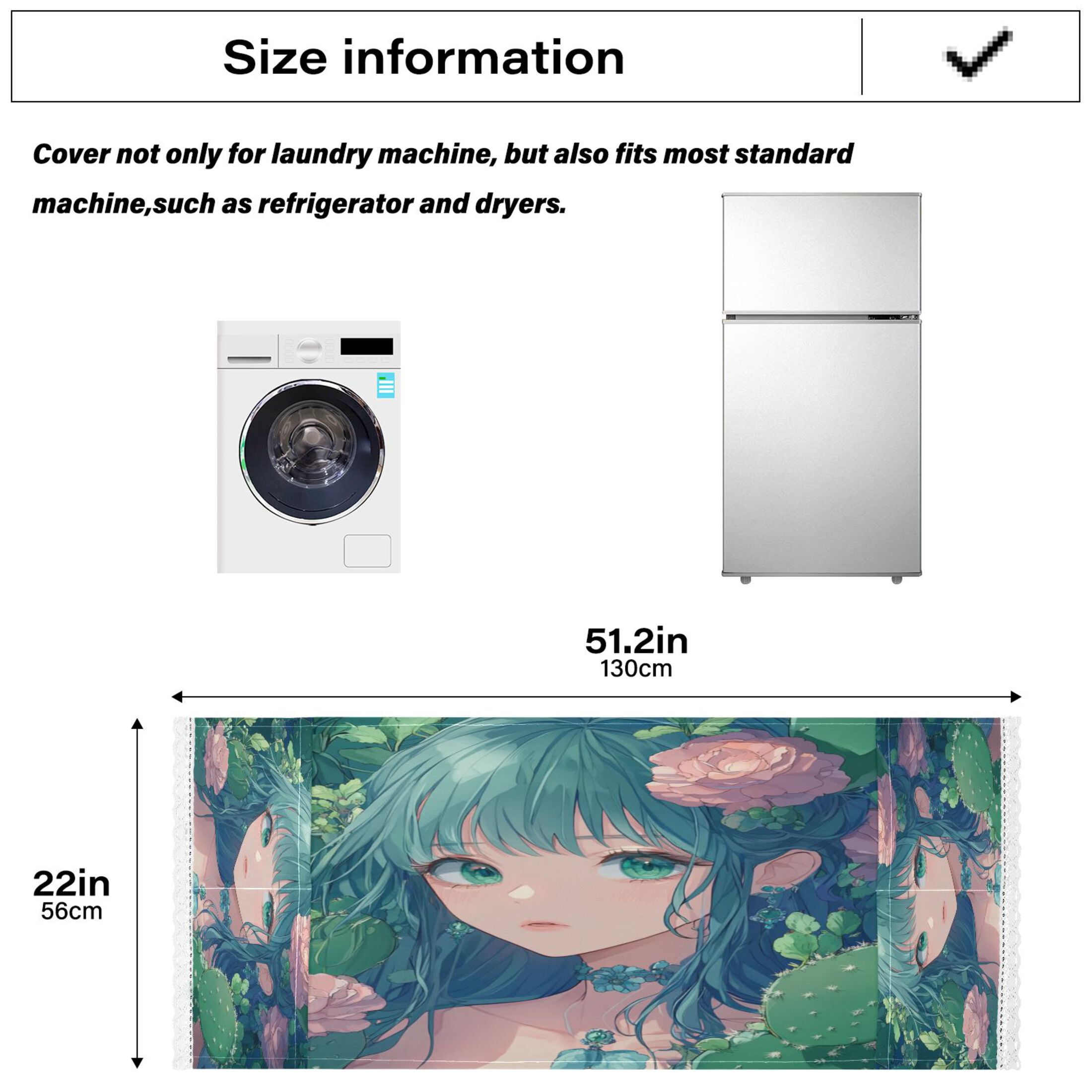 Anime Cactus GirlWasher and Dryer Covers Dust-Proof and Oil Resistant Fridge Cover with 4 Storage Pockets Washing Machine Top Cover for Laundry Kitchen Home 51.2 x 22 In