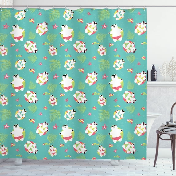 Summer Shower Curtain, Sunbathing Polar Bears on Life Buoys Cartoon Style Swimming Suit Wearing Animals, Fabric Bathroom Set with Hooks, 69W X 75L Inches Long, Multicolor, by Ambesonne