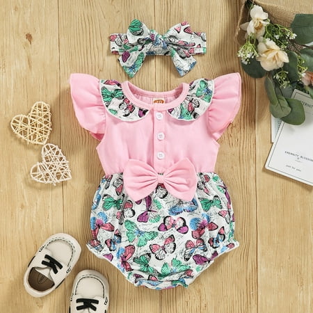

NIUREDLTD Girls Fly Sleeve Floral Printed Bowknot Romper Bodysuits Headbands Set
