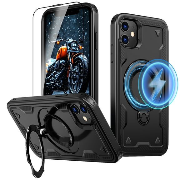 Elehold Magnetic for iPhone 11 Case Compatible with MagSafe,Rotating Foldable Invisible Stand Military Dropproof Rugged Case with Tempered Glass Screen Protector for iPhone 11,Black